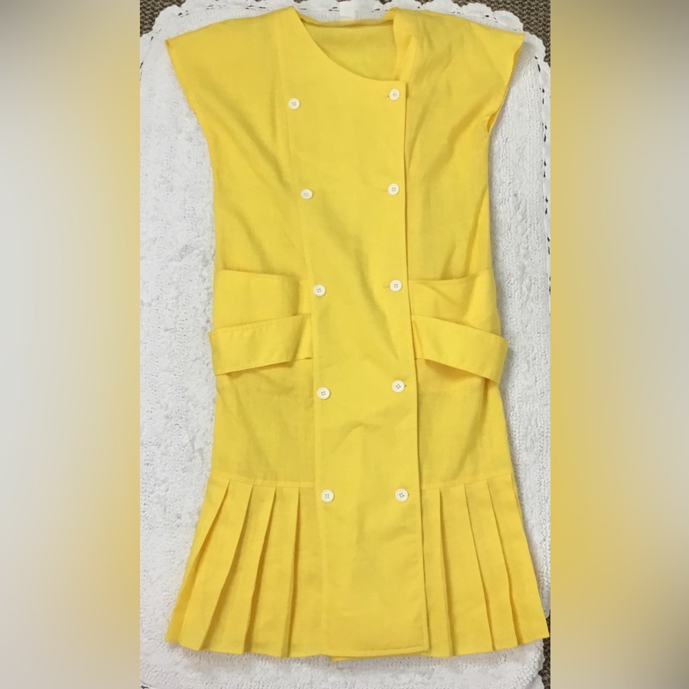 Vintage Sunshine Yellow Front Pockets Pleated Hem Midi Dress size 14